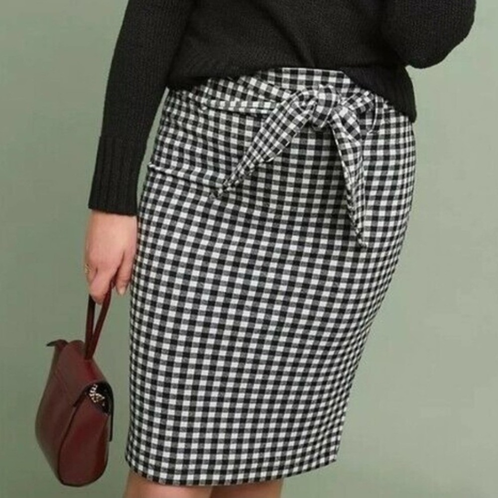 Maeve‎ Anthropologie Gingham Pencil Skirt Black White Tie Waist Knit Medium